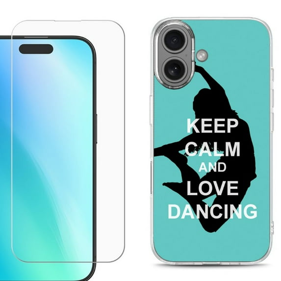 For iPhone 16 Phone Case Cover, Shockproof Case with Tempered Glass Screen Protector, by OneToughShield - Keep Calm / Dancing