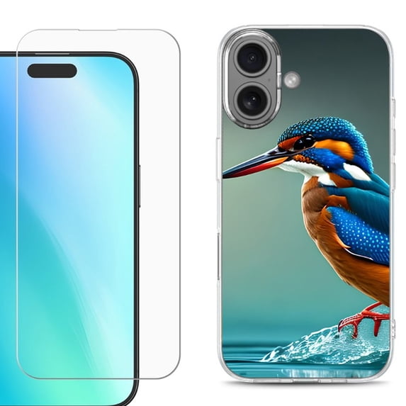For iPhone 16 Phone Case Cover, Shockproof Case with Tempered Glass Screen Protector, by OneToughShield - Kingfisher