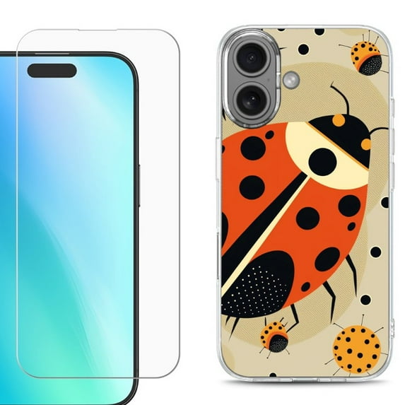 For iPhone 16 Phone Case Cover, Shockproof Case with Tempered Glass Screen Protector, by OneToughShield - Lady Bettle
