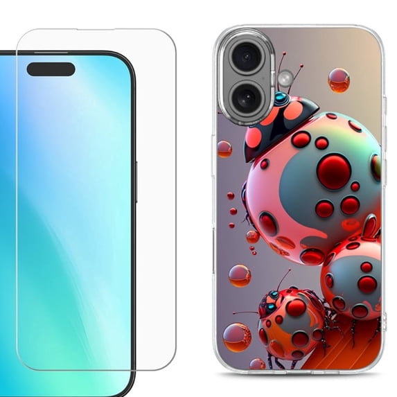 For iPhone 16 Phone Case Cover, Shockproof Case with Tempered Glass Screen Protector, by OneToughShield - Ladybug Robot