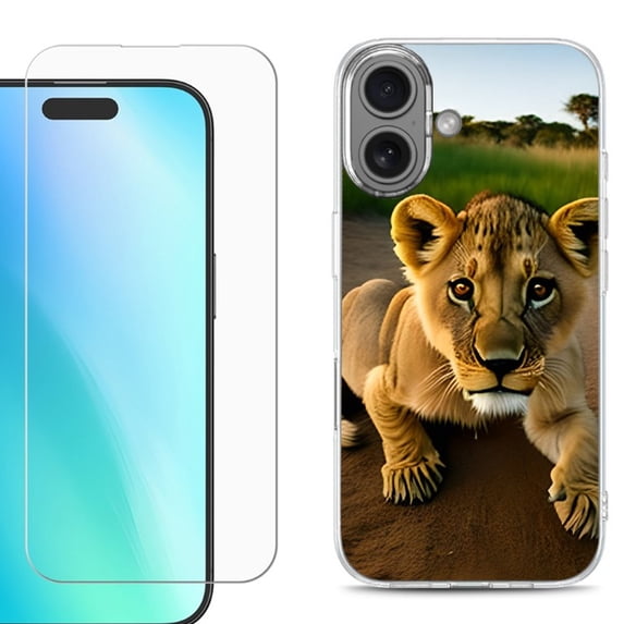 For iPhone 16 Phone Case Cover, Shockproof Case with Tempered Glass Screen Protector, by OneToughShield - Lion Cub