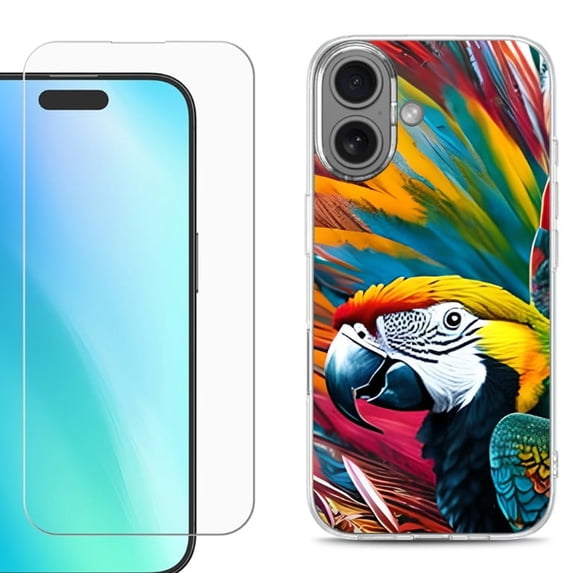 For iPhone 16 Phone Case Cover, Shockproof Case with Tempered Glass Screen Protector, by OneToughShield - Macaw