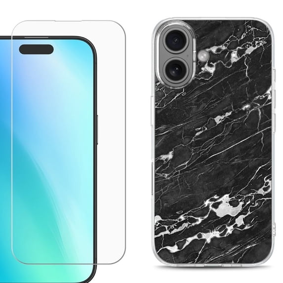 For iPhone 16 Phone Case Cover, Shockproof Case with Tempered Glass Screen Protector, by OneToughShield - Marble B/W