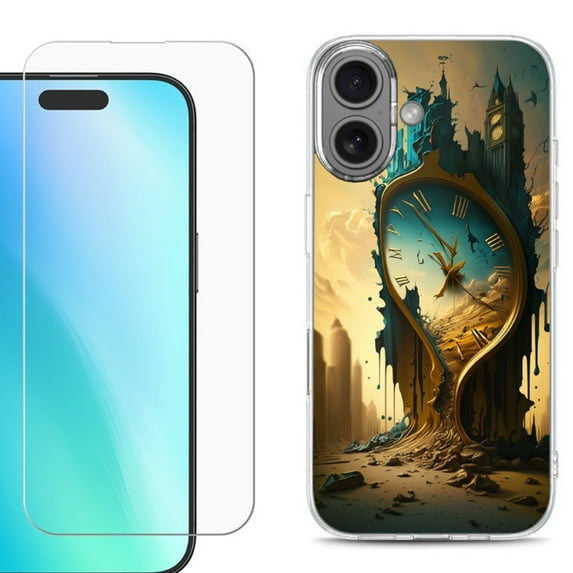 For iPhone 16 Phone Case Cover, Shockproof Case with Tempered Glass Screen Protector, by OneToughShield - Melting Clock