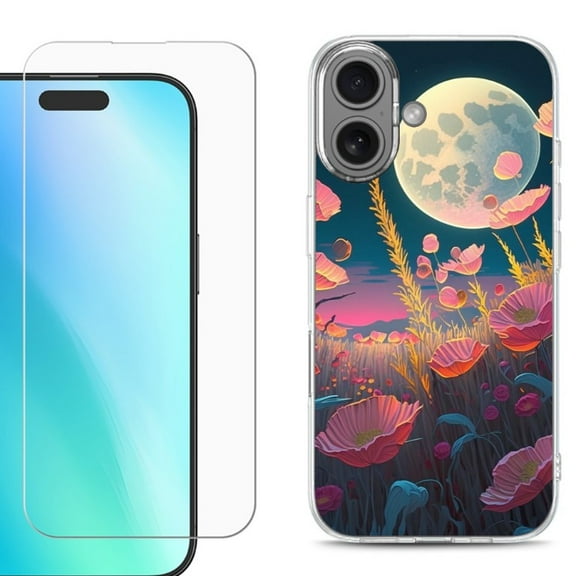 For iPhone 16 Phone Case Cover, Shockproof Case with Tempered Glass Screen Protector, by OneToughShield - Moon Poppies