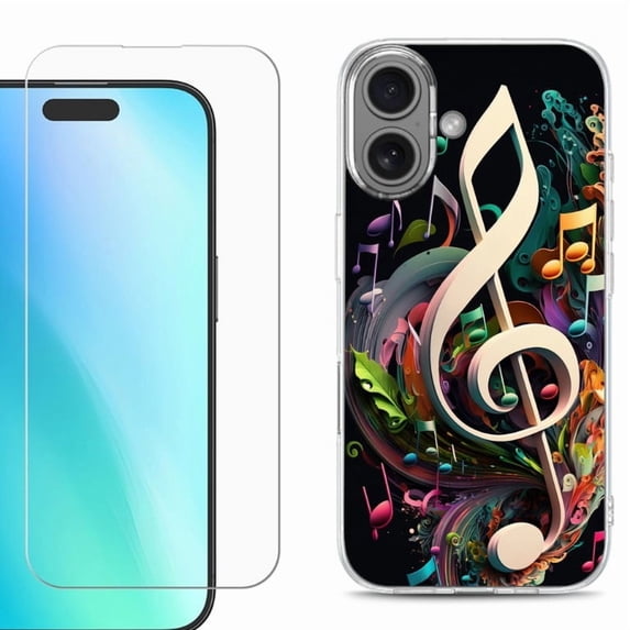 For iPhone 16 Phone Case Cover, Shockproof Case with Tempered Glass Screen Protector, by OneToughShield - Music Notes Colorful