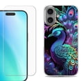thumbnail image 1 of For iPhone 16 Phone Case Cover, Shockproof Case with Tempered Glass Screen Protector, by OneToughShield - Neon Peacock, 1 of 4
