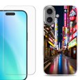 thumbnail image 1 of For iPhone 16 Phone Case Cover, Shockproof Case with Tempered Glass Screen Protector, by OneToughShield - Neon Street, 1 of 4