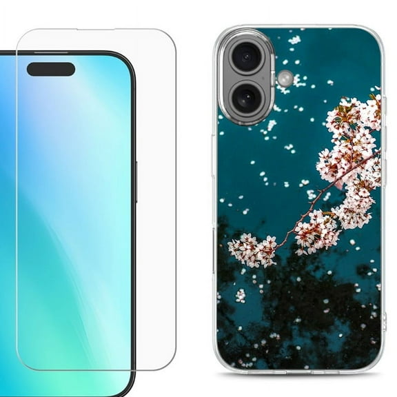 For iPhone 16 Phone Case Cover, Shockproof Case with Tempered Glass Screen Protector, by OneToughShield - Night Blossom