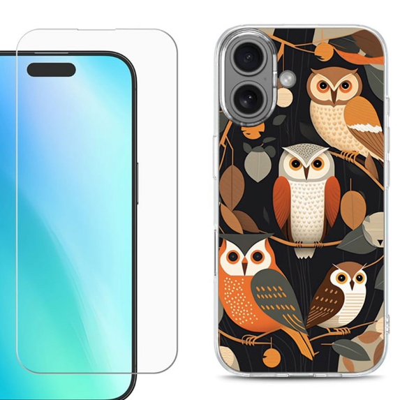For iPhone 16 Phone Case Cover, Shockproof Case with Tempered Glass Screen Protector, by OneToughShield - Owl Mix