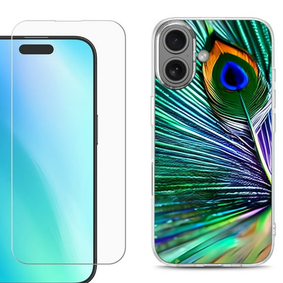 For iPhone 16 Phone Case Cover, Shockproof Case with Tempered Glass Screen Protector, by OneToughShield - Peacock Feather