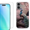 thumbnail image 1 of For iPhone 16 Phone Case Cover, Shockproof Case with Tempered Glass Screen Protector, by OneToughShield - Peacock Flower, 1 of 4