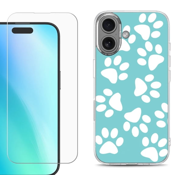 For iPhone 16 Phone Case Cover, Shockproof Case with Tempered Glass Screen Protector, by OneToughShield - Pet Paw / Teal