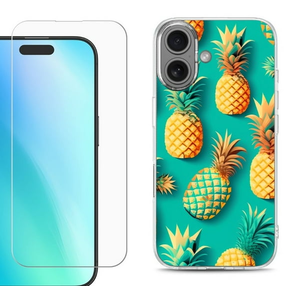 For iPhone 16 Phone Case Cover, Shockproof Case with Tempered Glass Screen Protector, by OneToughShield - Pineapple