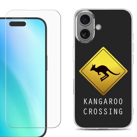 For iPhone 16 Phone Case Cover, Shockproof Case with Tempered Glass Screen Protector, by OneToughShield - Road Sign Kangaroo