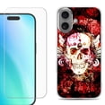 thumbnail image 1 of For iPhone 16 Phone Case Cover, Shockproof Case with Tempered Glass Screen Protector, by OneToughShield - Rose Skull, 1 of 4