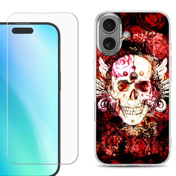 For iPhone 16 Phone Case Cover, Shockproof Case with Tempered Glass Screen Protector, by OneToughShield - Rose Skull