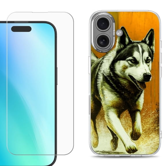 For iPhone 16 Phone Case Cover, Shockproof Case with Tempered Glass Screen Protector, by OneToughShield - Running Husky