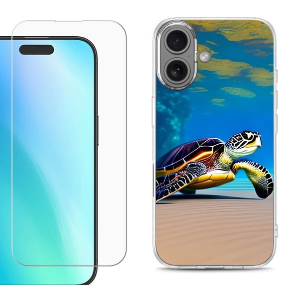 For iPhone 16 Phone Case Cover, Shockproof Case with Tempered Glass Screen Protector, by OneToughShield - Sea Turtle Beach