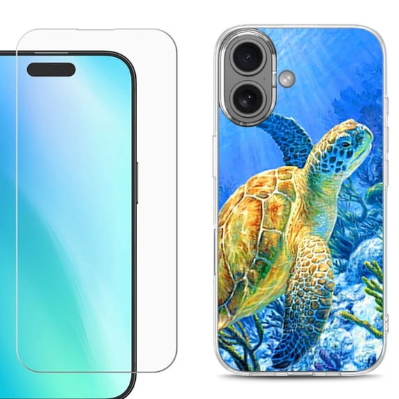 For iPhone 16 Phone Case Cover, Shockproof Case with Tempered Glass Screen Protector, by OneToughShield - Sea Turtle