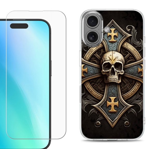 For iPhone 16 Phone Case Cover, Shockproof Case with Tempered Glass Screen Protector, by OneToughShield - Skull Art