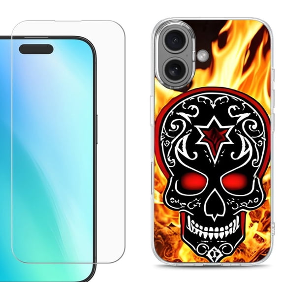 For iPhone 16 Phone Case Cover, Shockproof Case with Tempered Glass Screen Protector, by OneToughShield - Skull Flames