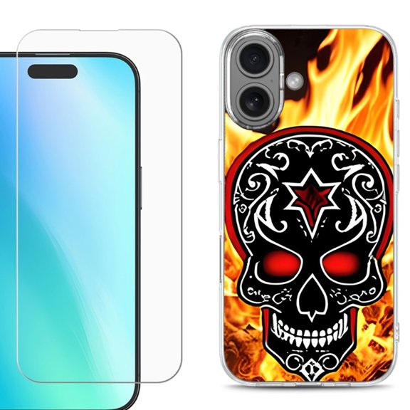 For iPhone 16 Phone Case Cover, Shockproof Case with Tempered Glass Screen Protector, by OneToughShield - Skull Flames