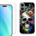thumbnail image 1 of For iPhone 16 Phone Case Cover, Shockproof Case with Tempered Glass Screen Protector, by OneToughShield - Skull Flower, 1 of 4