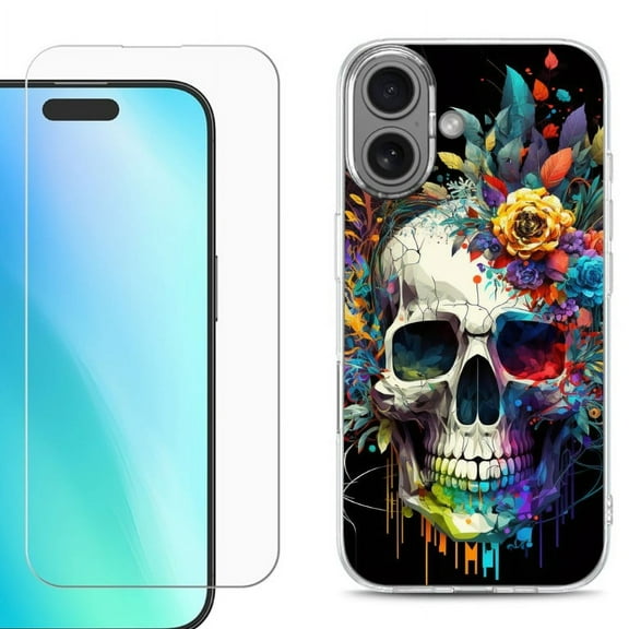 For iPhone 16 Phone Case Cover, Shockproof Case with Tempered Glass Screen Protector, by OneToughShield - Skull Flower