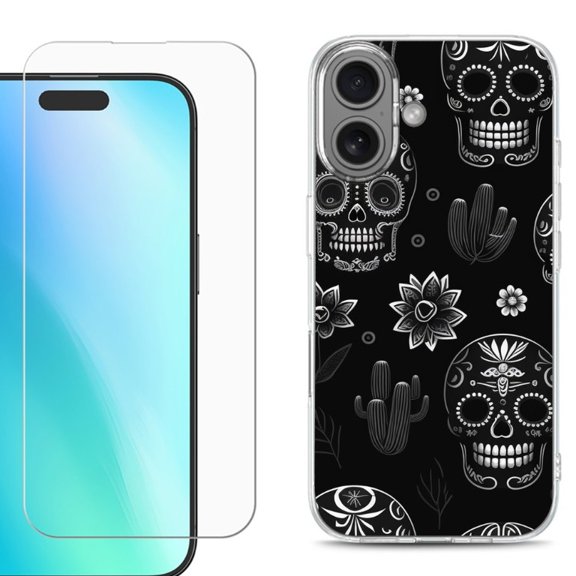 For iPhone 16 Phone Case Cover, Shockproof Case with Tempered Glass Screen Protector, by OneToughShield - Skull Mix