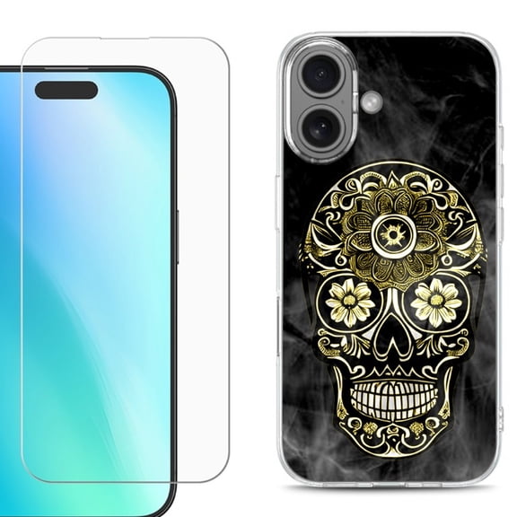 For iPhone 16 Phone Case Cover, Shockproof Case with Tempered Glass Screen Protector, by OneToughShield - Skull Smoke