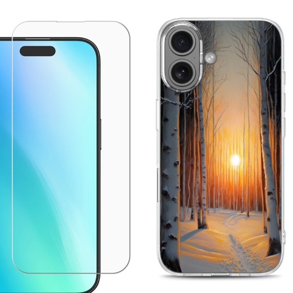 For iPhone 16 Phone Case Cover, Shockproof Case with Tempered Glass Screen Protector, by OneToughShield - Snow Forest