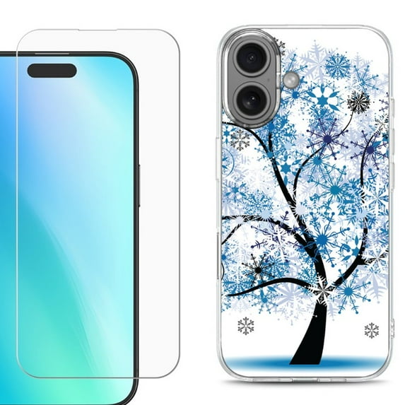 For iPhone 16 Phone Case Cover, Shockproof Case with Tempered Glass Screen Protector, by OneToughShield - Snowflakes Tree