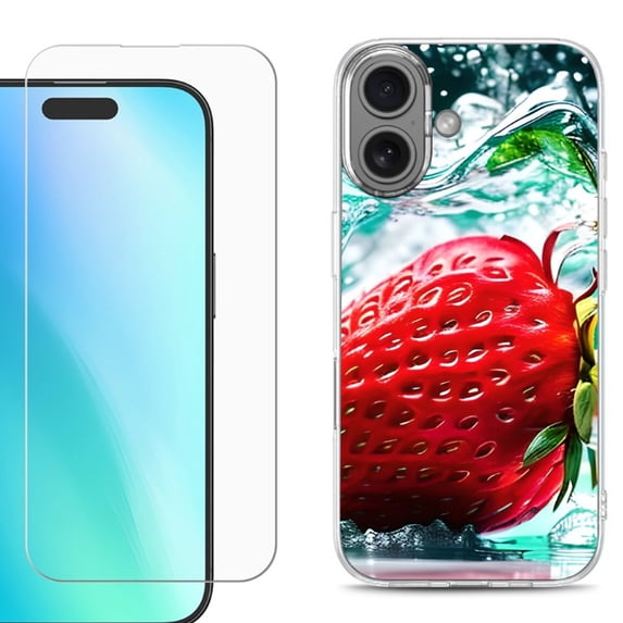 For iPhone 16 Phone Case Cover, Shockproof Case with Tempered Glass Screen Protector, by OneToughShield - Strawberry