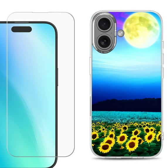 For iPhone 16 Phone Case Cover, Shockproof Case with Tempered Glass Screen Protector, by OneToughShield - Sunflower Moon