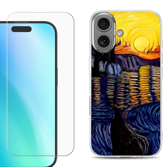 For iPhone 16 Phone Case Cover, Shockproof Case with Tempered Glass Screen Protector, by OneToughShield - Sunset River