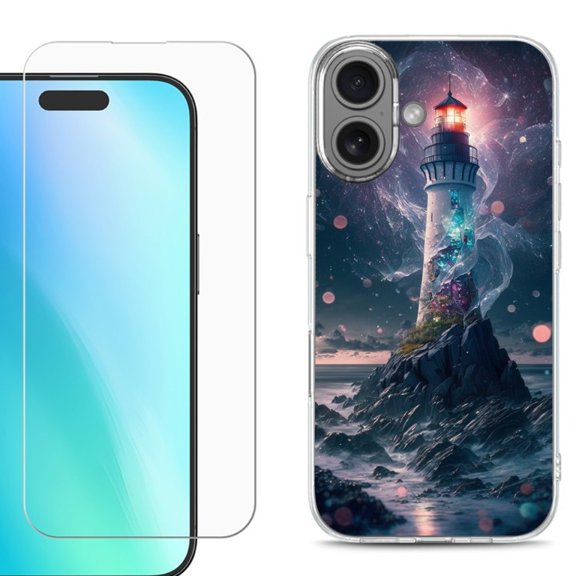 For iPhone 16 Phone Case Cover, Shockproof Case with Tempered Glass Screen Protector, by OneToughShield - Surreal Lighthouse