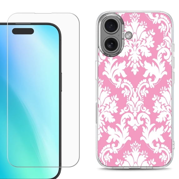 For iPhone 16 Phone Case Cover, Shockproof Case with Tempered Glass Screen Protector, by OneToughShield - Victorian White/Pink