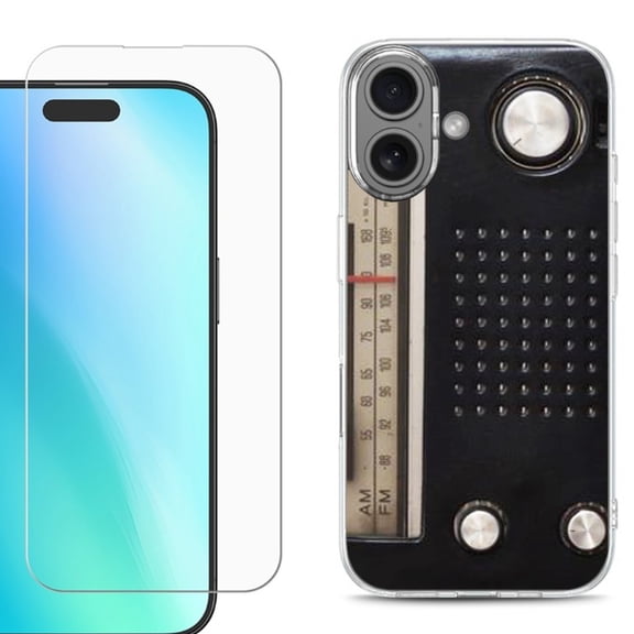 For iPhone 16 Phone Case Cover, Shockproof Case with Tempered Glass Screen Protector, by OneToughShield - Vintage Radio