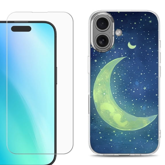 For iPhone 16 Phone Case Cover, Shockproof Case with Tempered Glass Screen Protector, by OneToughShield - Whimsical Moon
