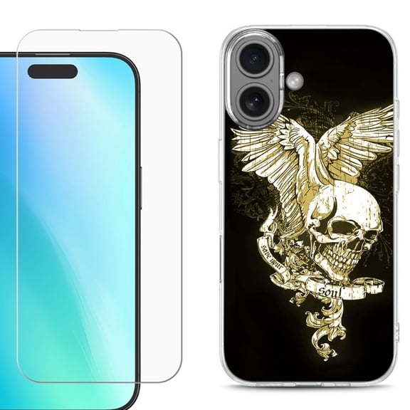 For iPhone 16 Phone Case Cover, Shockproof Case with Tempered Glass Screen Protector, by OneToughShield - Wing Skull