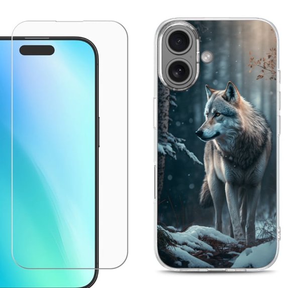 For iPhone 16 Phone Case Cover, Shockproof Case with Tempered Glass Screen Protector, by OneToughShield - Wolf Winter