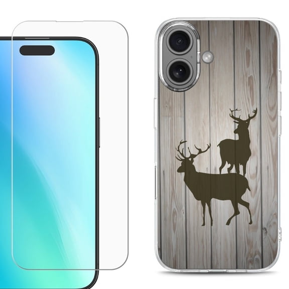 For iPhone 16 Phone Case Cover, Shockproof Case with Tempered Glass Screen Protector, by OneToughShield - Wood/Deer