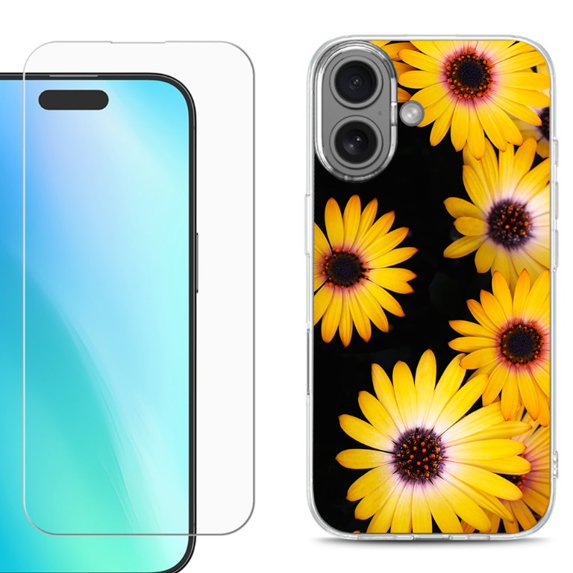 For iPhone 16 Phone Case Cover, Shockproof Case with Tempered Glass Screen Protector, by OneToughShield - Yellow Flower