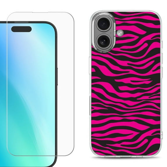 For iPhone 16 Phone Case Cover, Shockproof Case with Tempered Glass Screen Protector, by OneToughShield - Zebra Pink