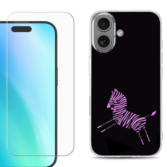 For iPhone 16 Phone Case Cover, Shockproof Case with Tempered Glass Screen Protector, by OneToughShield - Zebra Running