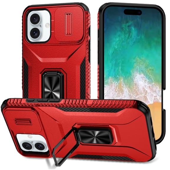 For iPhone 16 Plus 6.7 inch Complete Magnetic Metal Ring Stand Camera Protection Hybrid - Red