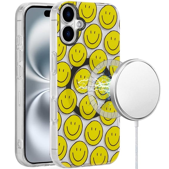 For iPhone 16 Plus 6.7 inch [Magnetic Circle] Double Layer Design IMD TPU Case - Smiley Faces