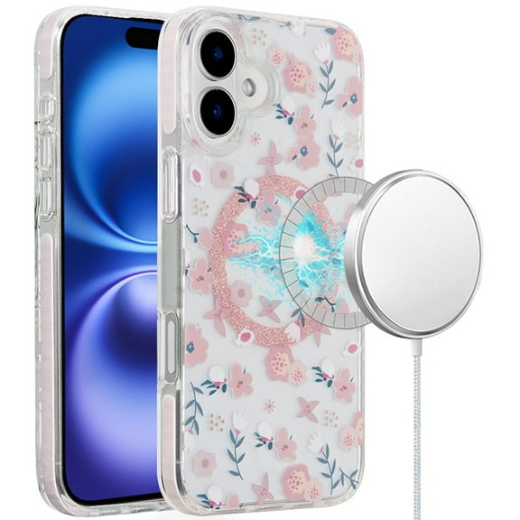 For iPhone 16 Plus 6.7 inch Magnetic Double Layer IMD Design Case - Pink Floral