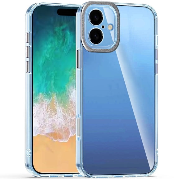 For iPhone 16 Plus 6.7 inch Transparent Clear Hybrid with Matching Metal Buttons and Camera Protection - Black